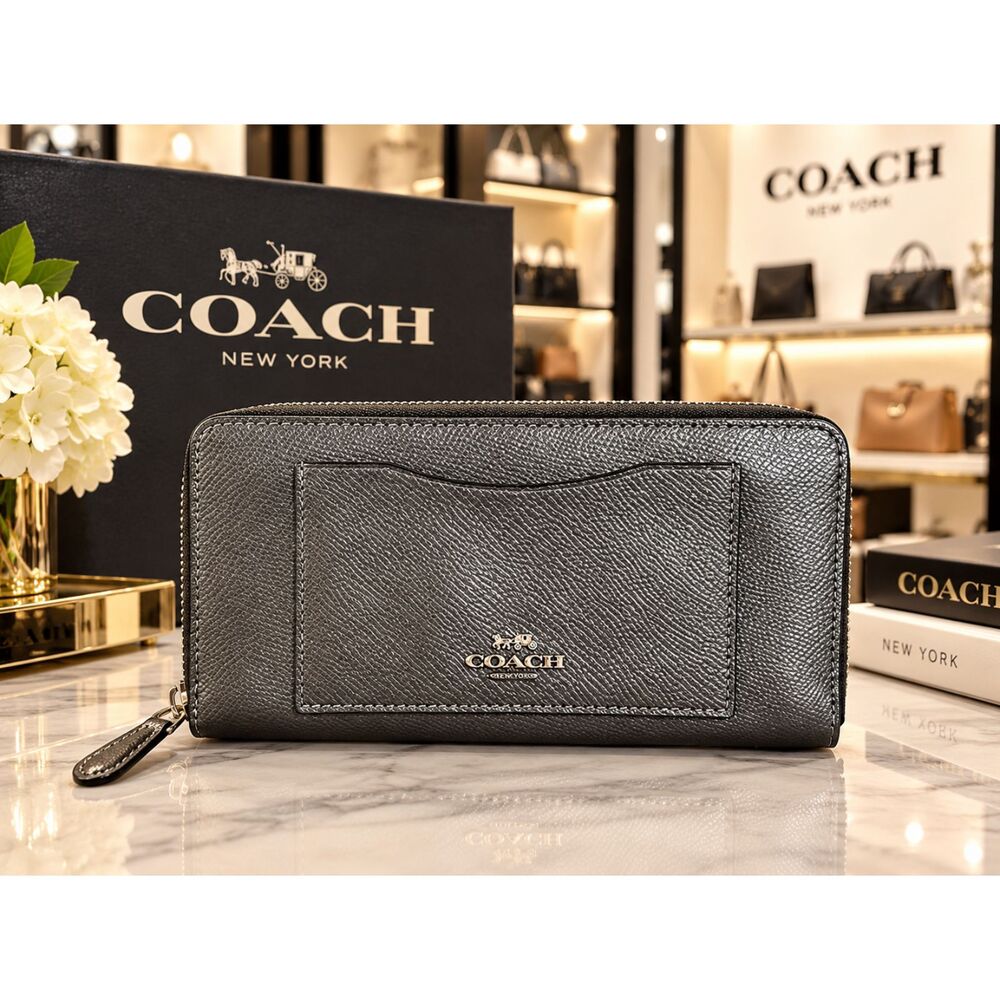 COACH NWOT Metallic Pewter Accordion Zip Around Wallet Gunmetal Clutch F54007